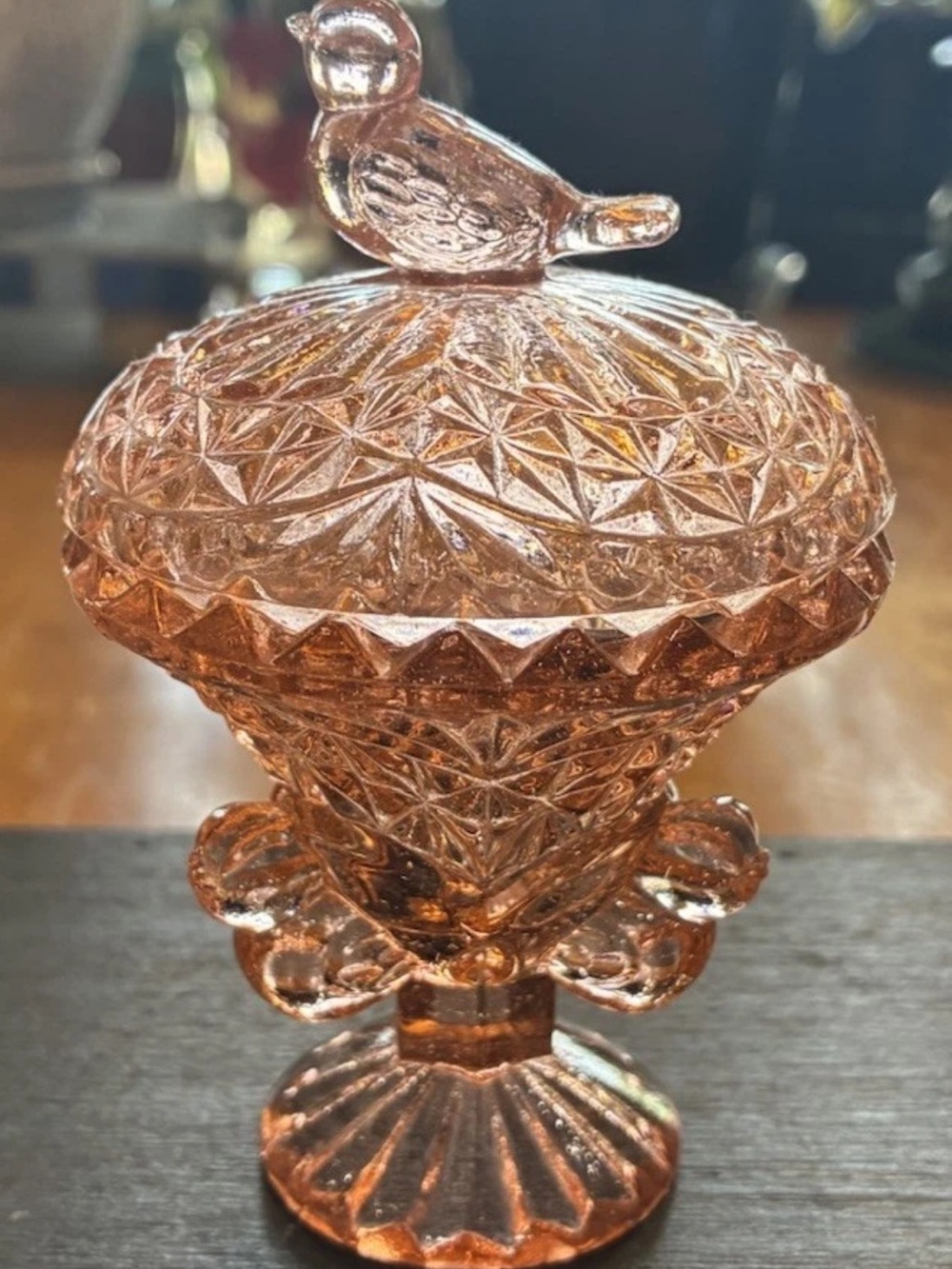 Vintage HOFBAUER BYRDES Pink Sawtooth BIRD Covered Trinket Jar Condiment Dish